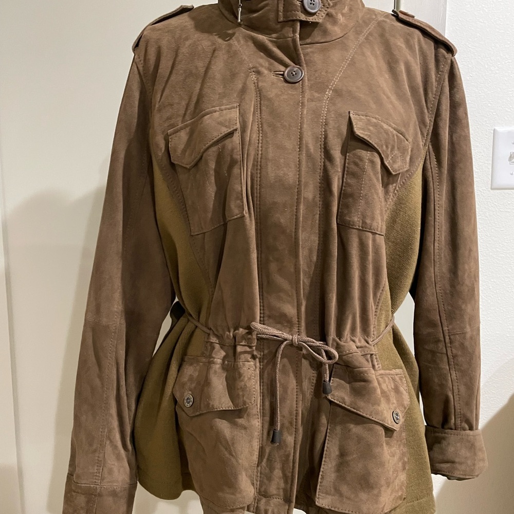 Eddie Bauer Tan Leather Utility Jacket With Zip In Hood